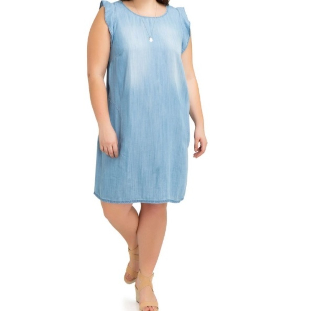 Jordache Chambray Ruffled Sleeve MIDI Dress Pockets Women’s XL
